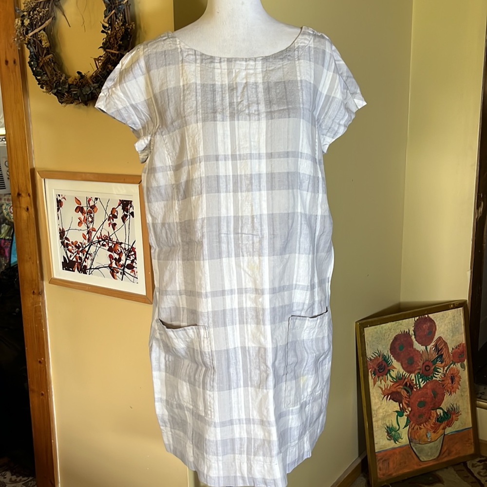 EILEEN FISHER Size Large Plaid Print Midi Tank Organic Cotton Linen breathable